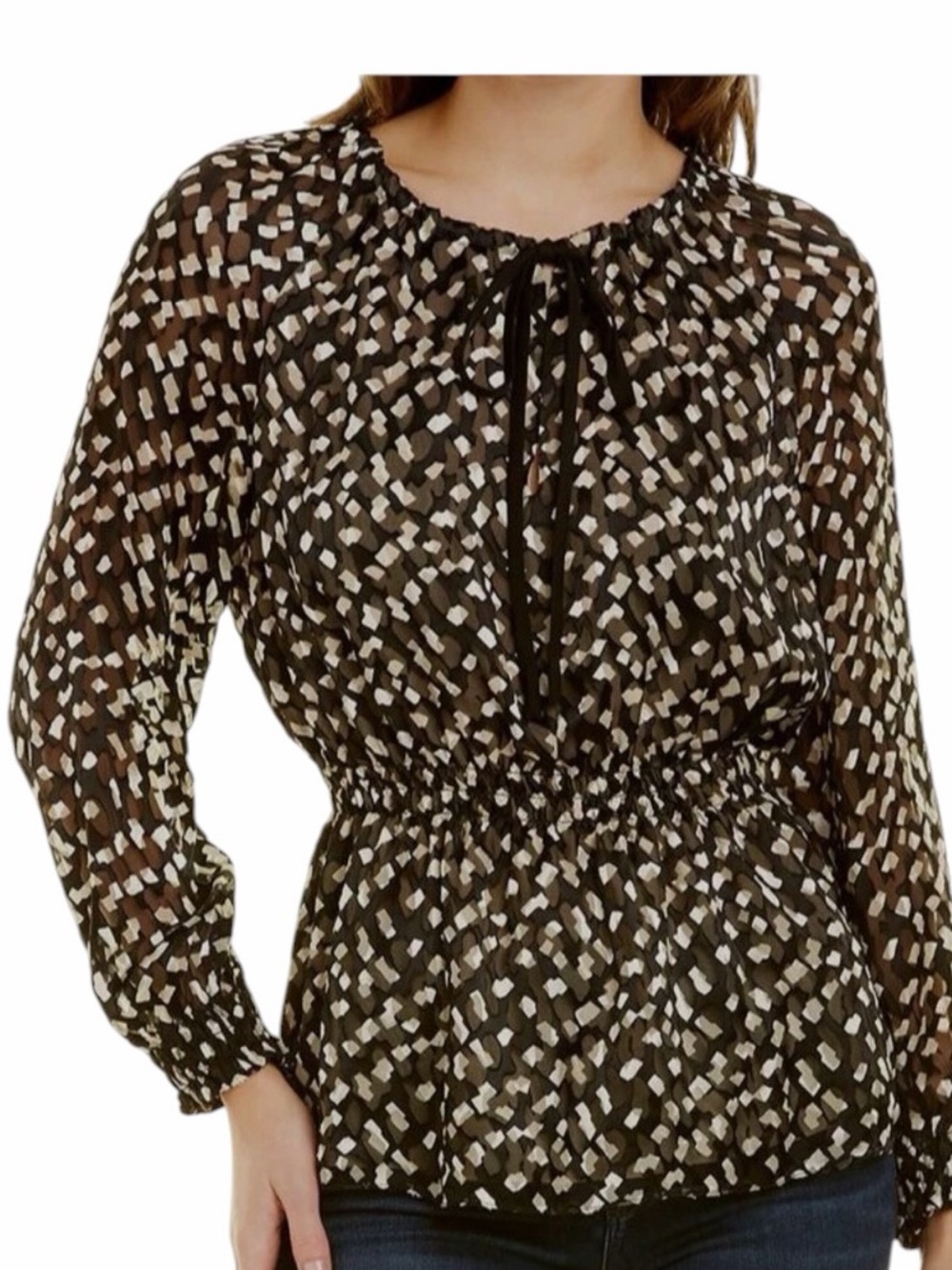 Theory Black/Cream Geometric Silk V-Neck Long Sleeve Blouse L